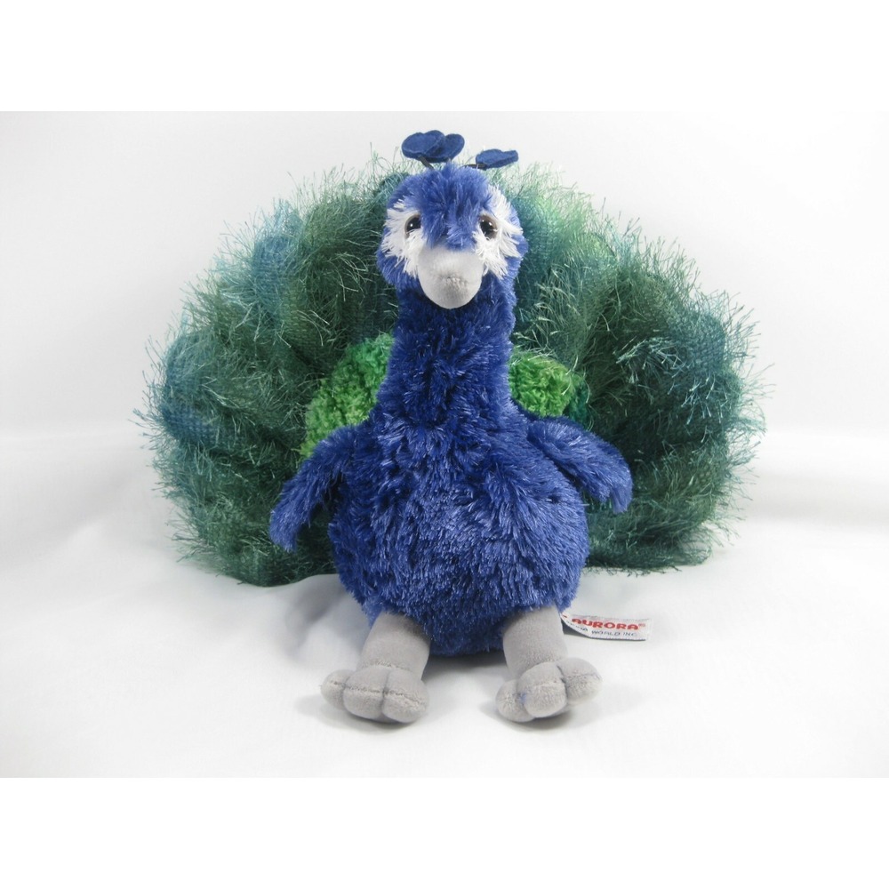 PEACOCK AURORA WORLD Plush 9"  x 12"  Beautiful Colors‎ Purples Greens Stuffed